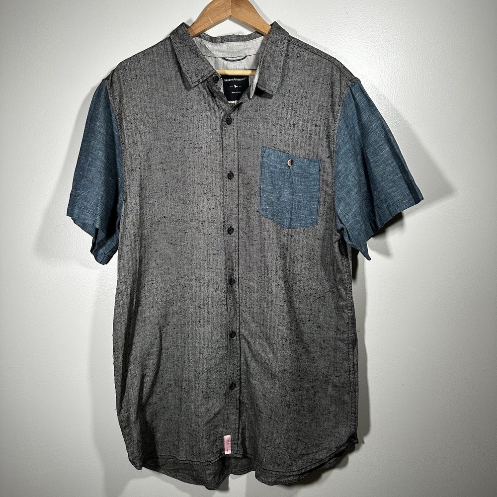 Men's Gray and Blue Short Sleeve Shirt